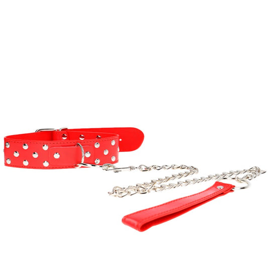 Collier rivet anneau rouge ajustable 36-50x3,8 cm + laisse 65 cm – Kink