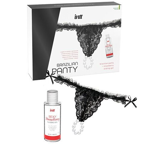 Culotte brésilienne noire perles clitoris + gel fraise 50 ml – Intt Releases