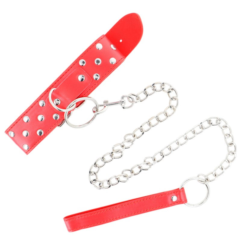 Collier rivet anneau rouge ajustable 36-50x3,8 cm + laisse 65 cm – Kink