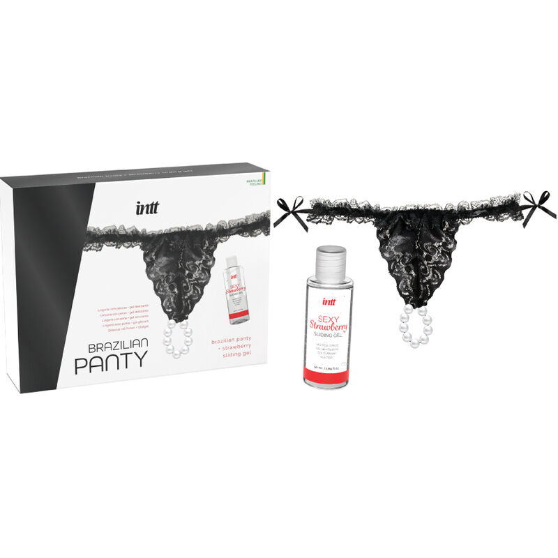Culotte brésilienne noire perles clitoris + gel fraise 50 ml – Intt Releases