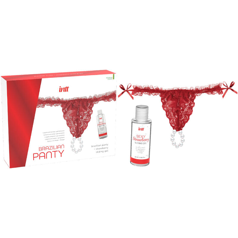 Culotte brésilienne rouge perles clitoris + gel fraise 50 ml – Intt Releases