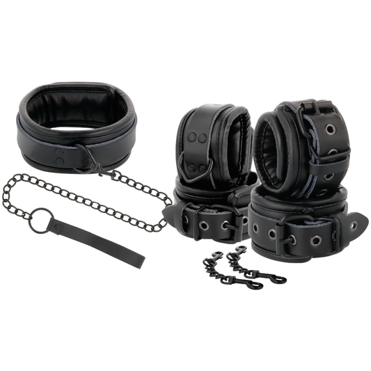 Kit collier menottes cuir noir laisse – Darkness BDSM